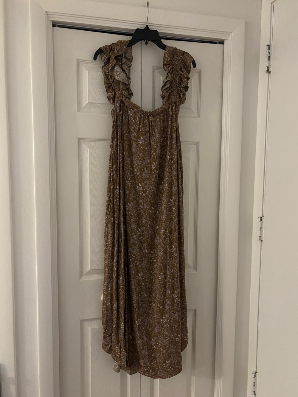 NWT STORY MFG Brown and Gold Ruffled Strap Paisley Maxi Dress - Picture 11 of 12